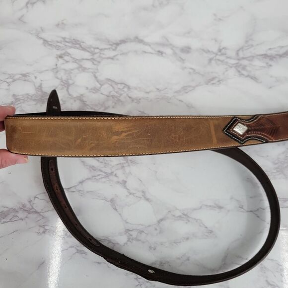 Nocona Men's Tan Top Hand Leather Western Belt with Concho Laced Billet - Picture 8 of 14